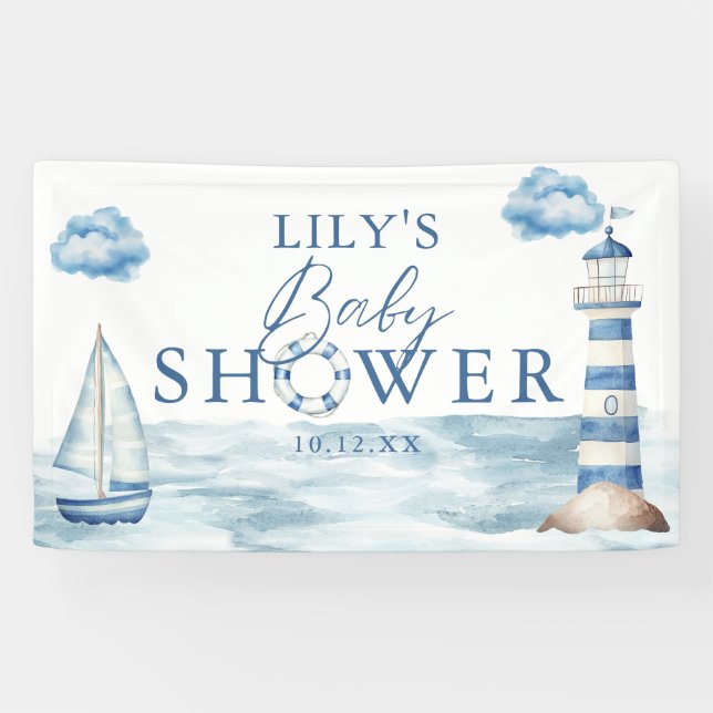 Aquarell Blue Nautical Baby Dusche Willkommen Banner (Horizontal)