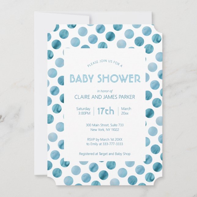 Aquarell Blue Polka Dot Niedlich Babydusche Einladung (Vorderseite)