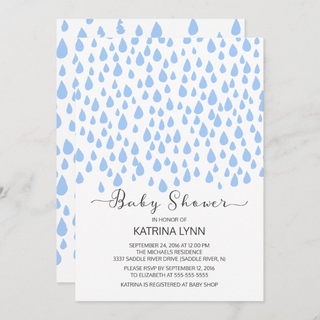 Aquarell Blue Raindrops Boys Baby Shower Einladung (Vorne/Hinten)