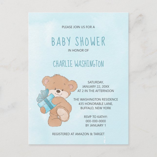 Aquarell Blue Simple Teddy Bear Baby Dusche Postkarte (Vorderseite)