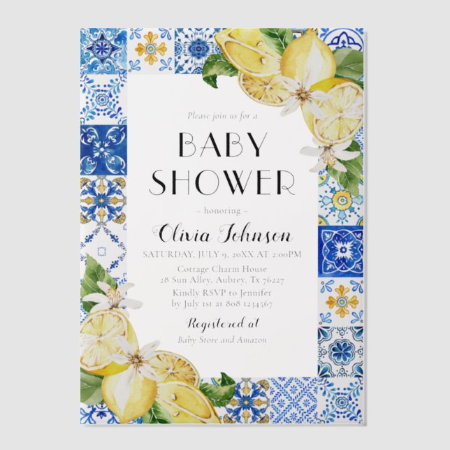 Aquarell Blue Tiles Lemons Italienische Babydusche (Vorderseite)