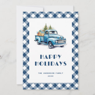 Aquarell Blue Truck Gingham Kariert Snowy Feiertagskarte