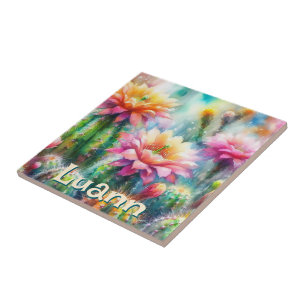 Aquarell blühende Sukkulenten Kaktus personalisier Fliese