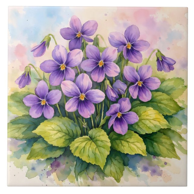 Aquarell blühende violette Veilchen  Fliese (Vorderseite)