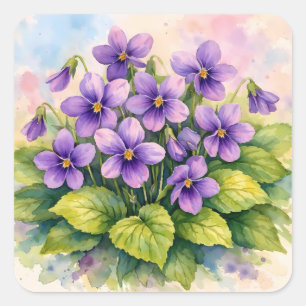 Aquarell blühende violette Veilchen Quadratischer Aufkleber