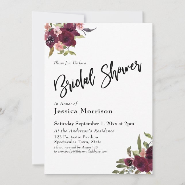 Aquarell-Blume Brautparty Typografie Einladung (Vorderseite)