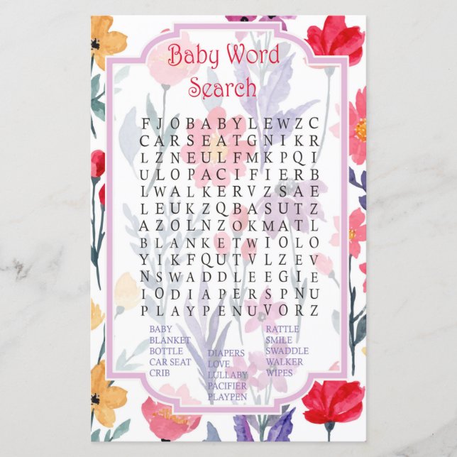 Aquarell Blume Kinderdusche Word Search Game (Vorderseite)