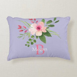 Aquarell-Blume, Name & Monogramm auf Lavendel Dekokissen
