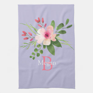 Aquarell-Blume, Name & Monogramm auf Lavendel Geschirrtuch
