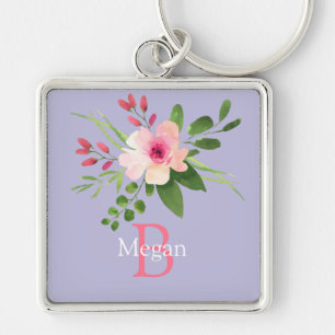 Aquarell-Blume, Name & Monogramm auf Lavendel Schlüsselanhänger
