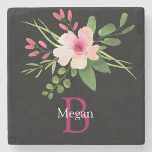 Aquarell-Blume, Name & Monogramm auf Schwarz Steinuntersetzer