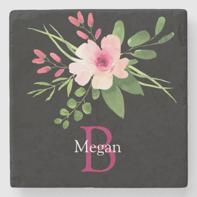 Aquarell-Blume, Name & Monogramm auf Schwarz Steinuntersetzer (Vorderseite)