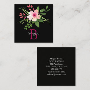Aquarell-Blume, Name, Monogramm & Info auf Schwarz Telefonnummerkarte