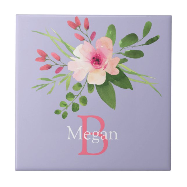 Aquarell-Blume, Name und Monogramm auf Lavendel Fliese (Vorderseite)
