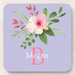 Aquarell-Blume, Name und Monogramm auf Lavendel Getränkeuntersetzer
