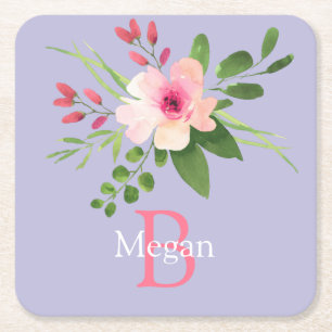 Aquarell-Blume, Name und Monogramm auf Lavendel Rechteckiger Pappuntersetzer