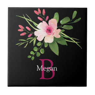 Aquarell-Blume, Name und Monogramm auf Schwarz Fliese