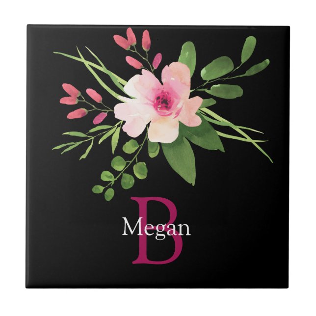 Aquarell-Blume, Name und Monogramm auf Schwarz Fliese (Vorderseite)