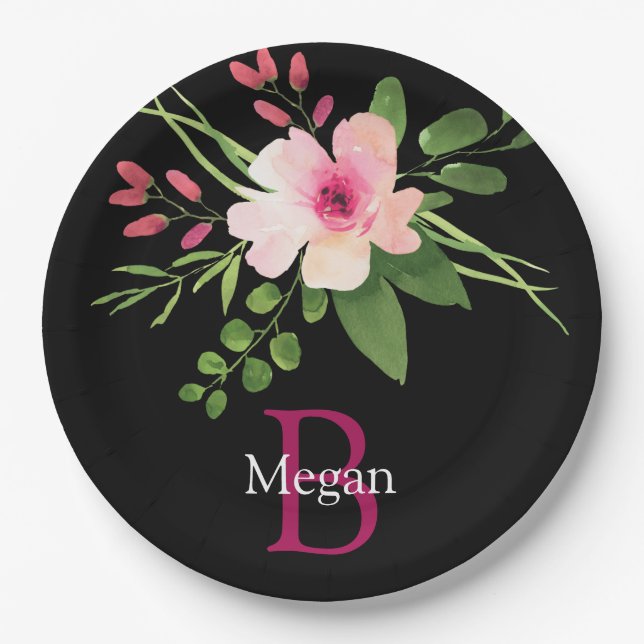 Aquarell-Blume, Name und Monogramm auf Schwarz Pappteller (Vorderseite)
