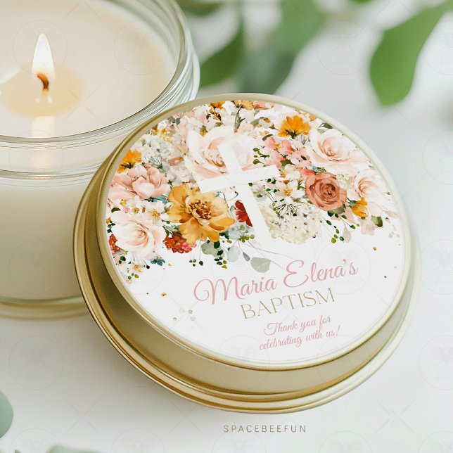 Aquarell-Blume und Goldaufkleber Runder Aufkleber (watercolor flowers sticker, gold baptism sticker, christening sticker, floral baptism sticker, elega)