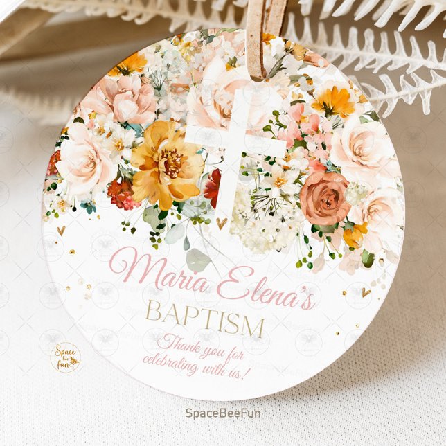 Aquarell-Blume und Goldtaufe bevorzugen Markierung Geschenkanhänger (watercolor flowers tag, gold baptism tag, baptism favor tag, floral baptism tag, elegant baptism fav)