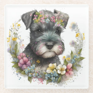Aquarell-Blume und Schnauzer-Welpe Glasuntersetzer