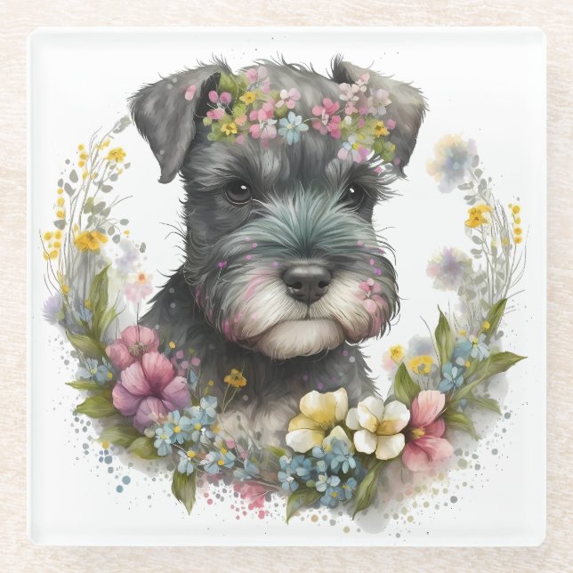 Aquarell-Blume und Schnauzer-Welpe Glasuntersetzer (Vorderseite)