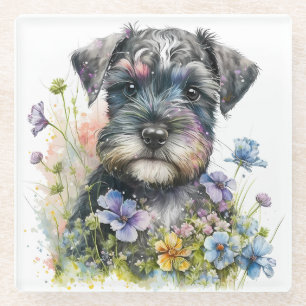 Aquarell-Blume und Schnauzer-Welpe Glasuntersetzer