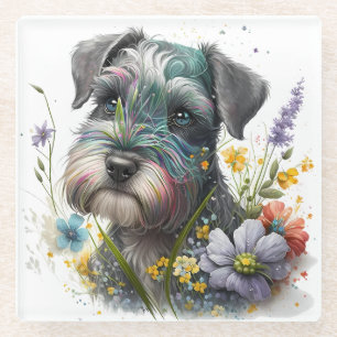 Aquarell-Blume und Schnauzer-Welpe Glasuntersetzer