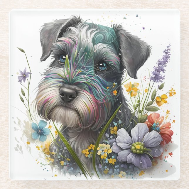 Aquarell-Blume und Schnauzer-Welpe Glasuntersetzer (Vorderseite)
