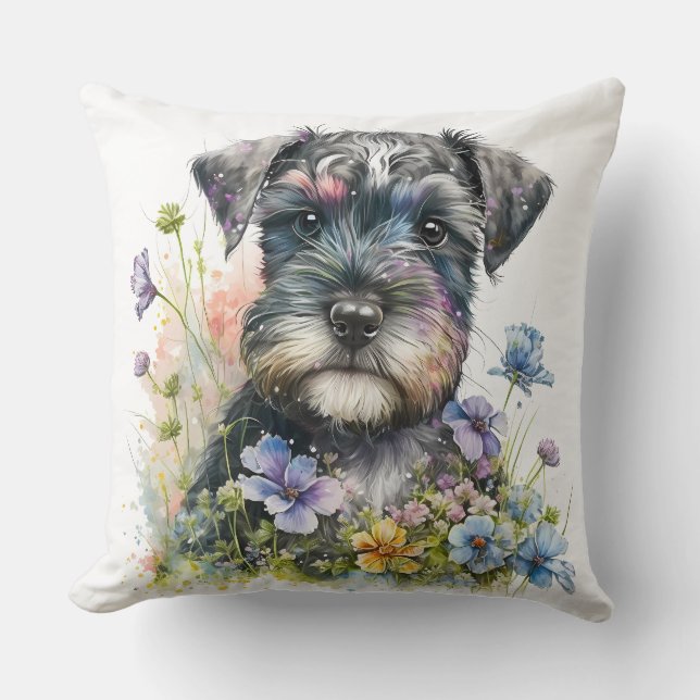 Aquarell-Blume und Schnauzer-Welpe Kissen (Vorderseite)