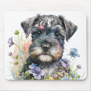 Aquarell-Blume und Schnauzer-Welpe Mousepad