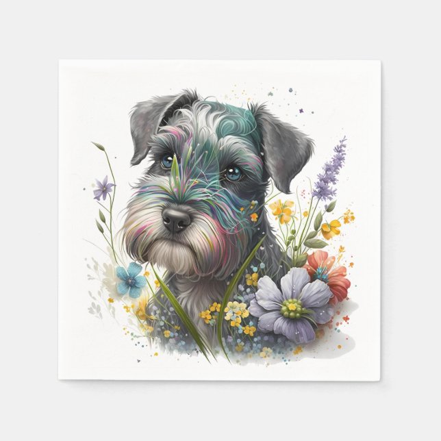 Aquarell-Blume und Schnauzer-Welpe Serviette (Vorderseite)