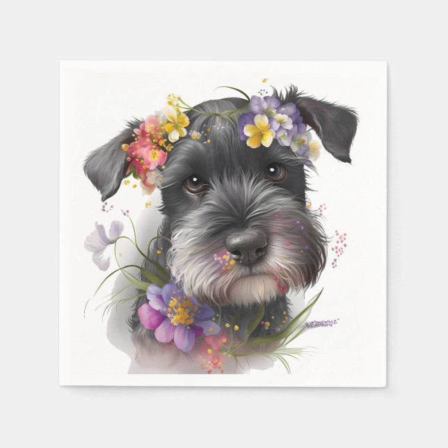 Aquarell-Blume und Schnauzer-Welpe Serviette (Vorderseite)