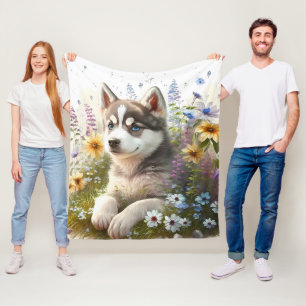 Aquarell-Blume und sibirische Husky-Welpe Fleecedecke