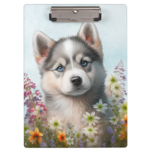 Aquarell-Blume und sibirische Husky-Welpe Klemmbrett