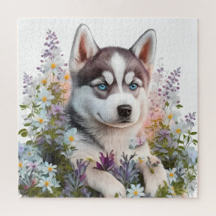 Aquarell-Blume und sibirische Husky-Welpe Puzzle