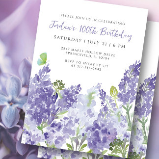 Aquarell Blumen 100. Geburtstag Elegante Flieder Einladung