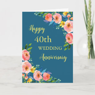 Aquarell-Blumen 40. Hochzeitstag-Grußkarte Karte