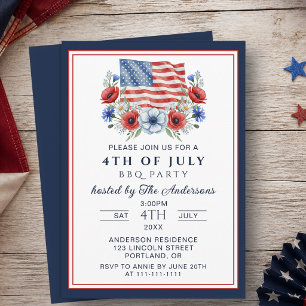 Aquarell-Blumen-4.-Juli-BBQ-USA-patriotisch Einladung