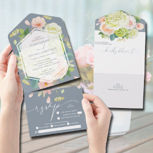 Aquarell-Blumen auf staubblauer Hochzeit All In One Einladung