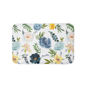 Aquarell-Blumen-Außen-Garten-Rosen Blau Gelb Badematte