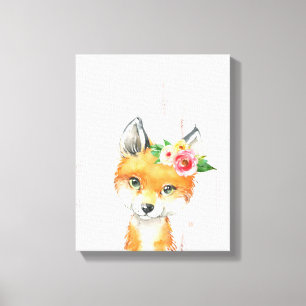 Aquarell Blumen Baby Fuchs, Waldtiere Leinwanddruck