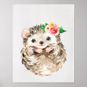 Aquarell-Blumen-Baby-Igel, Waldtiere Poster