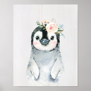 Aquarell-Blumen-Baby-Pinguin, Schnee-Tiere Poster