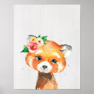 Aquarell-Blumen-Baby-Rotpanda-Tiere Poster