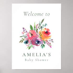 Aquarell-Blumen-Baby-Shower-Willkommensschild Poster
