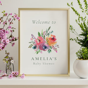 Aquarell-Blumen-Baby-Shower-Willkommensschild Poster