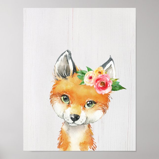 Aquarell-Blumen-Babyfuchs, Waldtiere Poster (Vorne)
