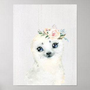 Aquarell-Blumen-Babyrobbe-Schneetiere Poster